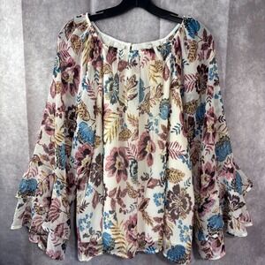 LOFT Women's Large Garden Tiered Ruffle Sleeve Blouse Boho Fairy Flowy